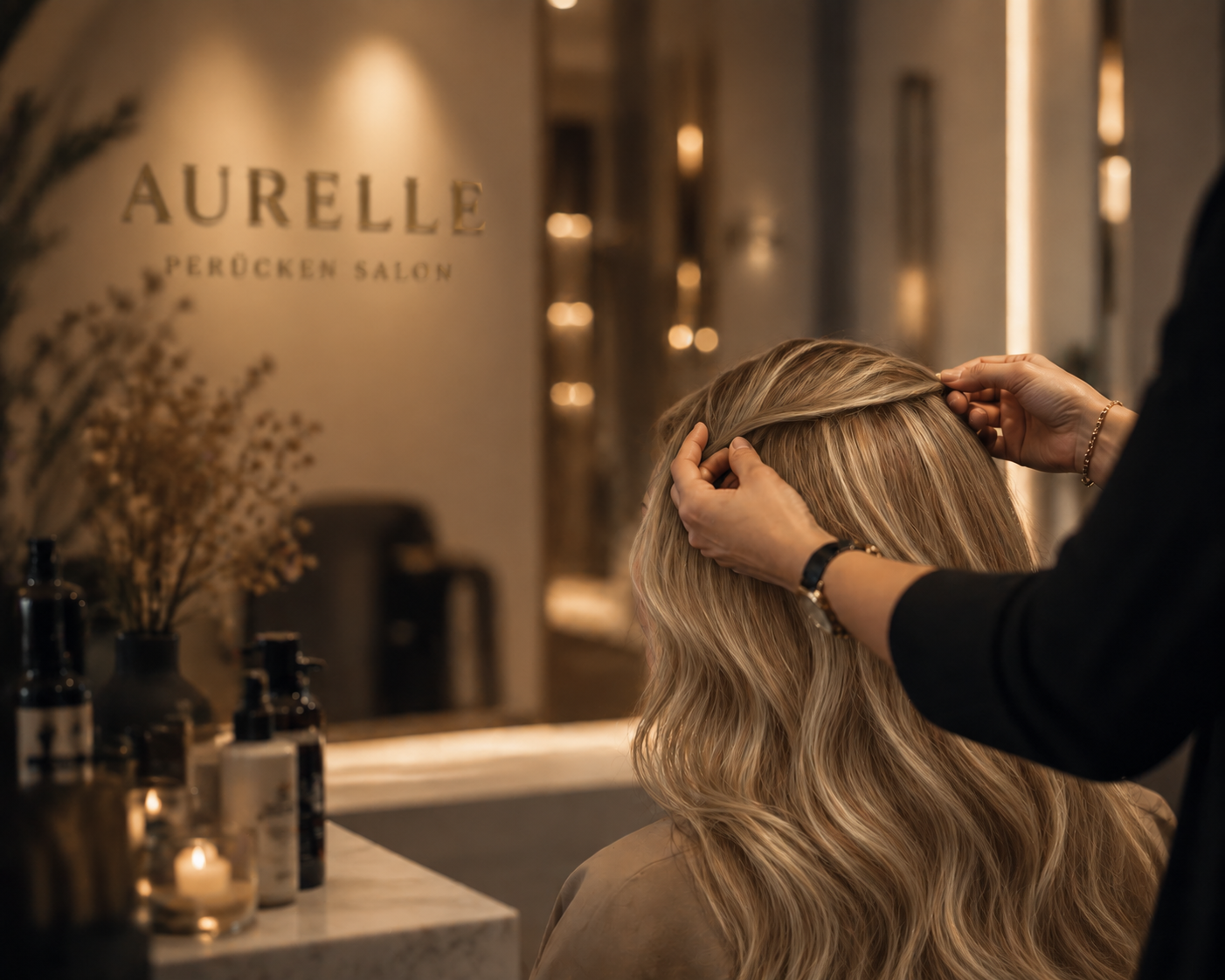 Illustrative Szene einer Perückenanpassung im Aurelle Salon